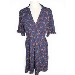 Madewell Navy Blue Floral Ruffle V-Neck Mini Dress Short Flutter Sleeve Size 6